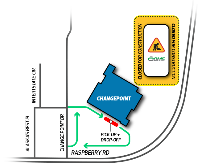 Map showing The Dome under construction and drop-off / pick-up instructions for Summer Camp being moved to Changepoint